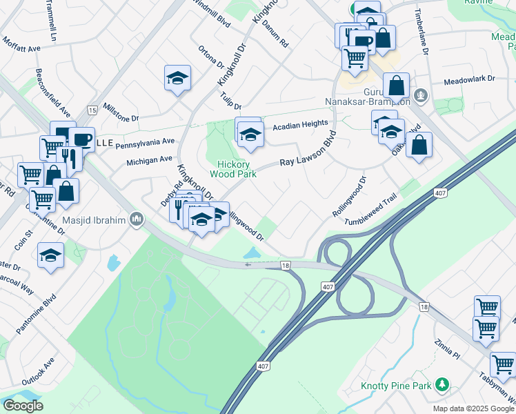map of restaurants, bars, coffee shops, grocery stores, and more near 28 Yuile Court in Brampton