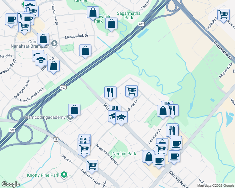 map of restaurants, bars, coffee shops, grocery stores, and more near 7336 Golden Meadow Court in Mississauga