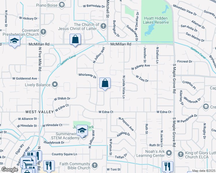map of restaurants, bars, coffee shops, grocery stores, and more near 9777 West Linstock Lane in Boise