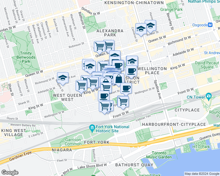 map of restaurants, bars, coffee shops, grocery stores, and more near 619 King Street West in Toronto