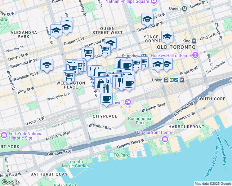 map of restaurants, bars, coffee shops, grocery stores, and more near 300 Front Street West in Toronto