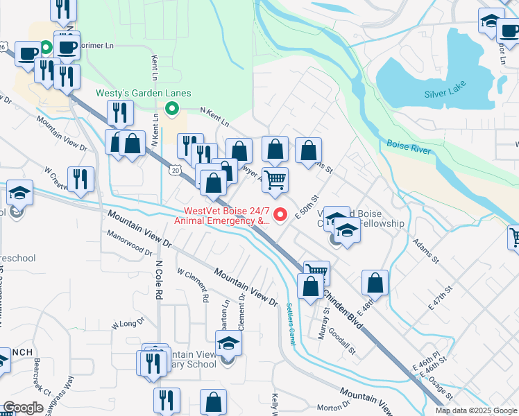 map of restaurants, bars, coffee shops, grocery stores, and more near 5102 West Chinden Boulevard in Garden City