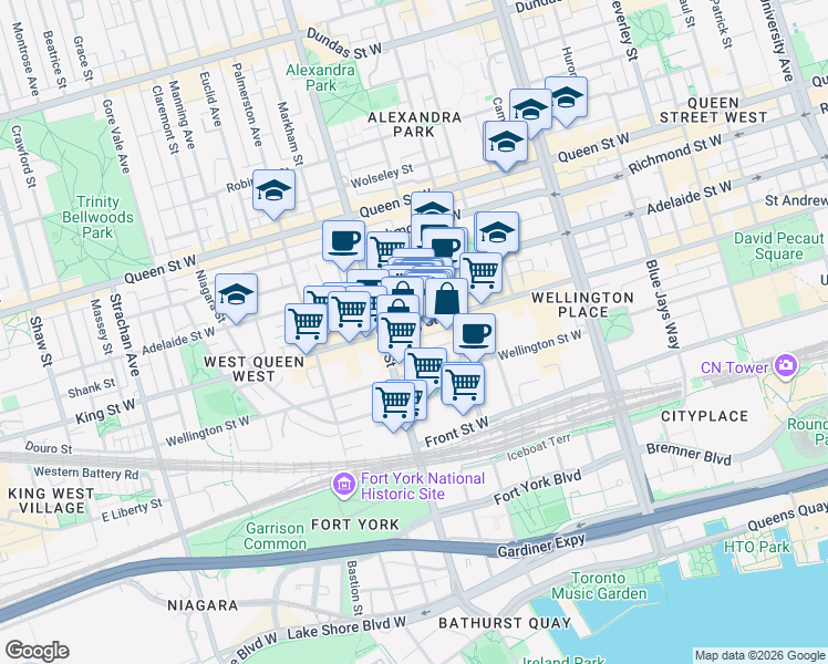 map of restaurants, bars, coffee shops, grocery stores, and more near 625-629 King Street West in Toronto
