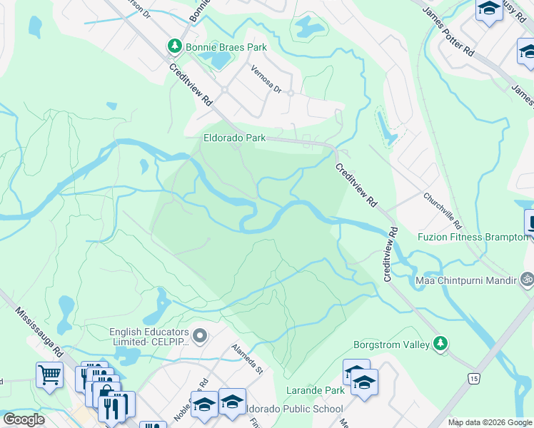 map of restaurants, bars, coffee shops, grocery stores, and more near 8520 Creditview Road in Brampton