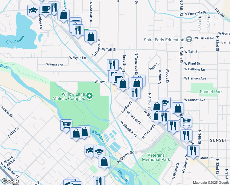 map of restaurants, bars, coffee shops, grocery stores, and more near 1093 Fargo Street in Boise