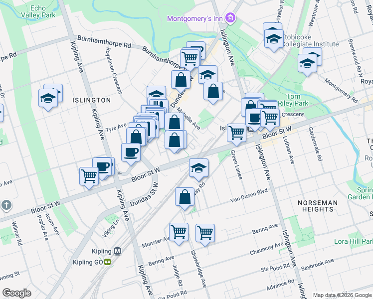 map of restaurants, bars, coffee shops, grocery stores, and more near 1 Michael Power Place in Toronto
