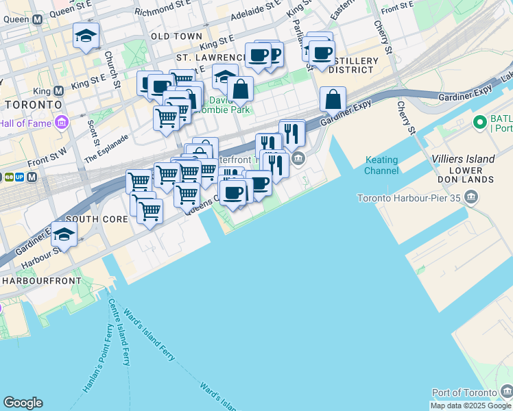 map of restaurants, bars, coffee shops, grocery stores, and more near 51 Dockside Drive in Toronto