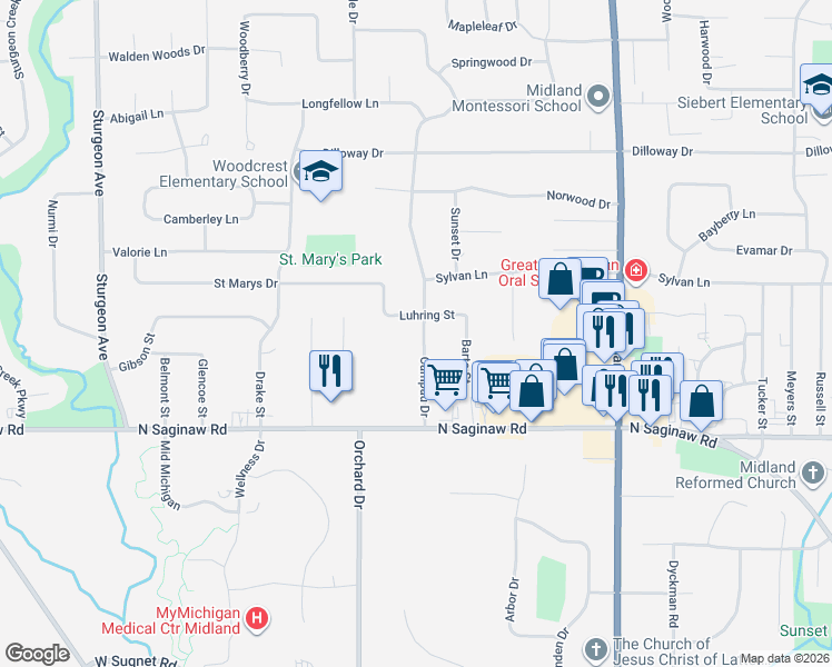 map of restaurants, bars, coffee shops, grocery stores, and more near 5015 Campau Drive in Midland