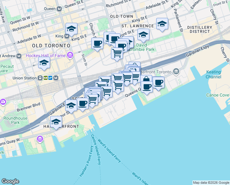 map of restaurants, bars, coffee shops, grocery stores, and more near 55 Cooper Street in Toronto