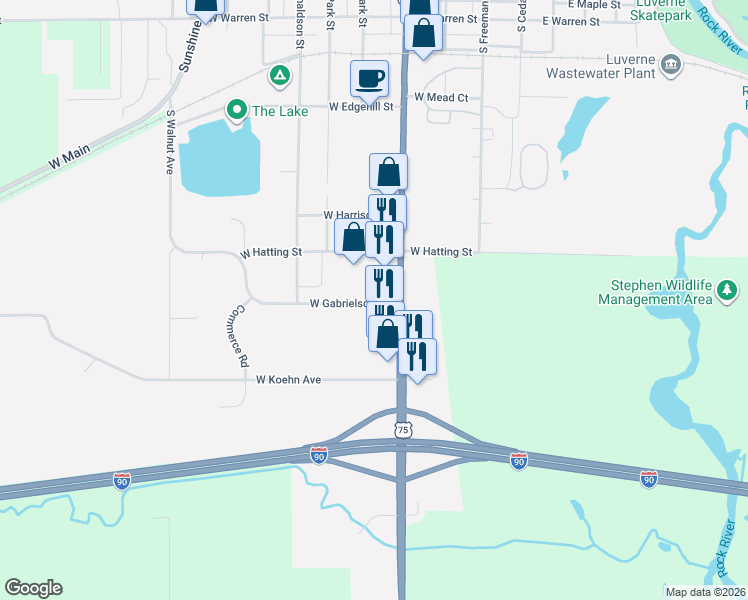 map of restaurants, bars, coffee shops, grocery stores, and more near 300 West Gabrielson Road in Luverne