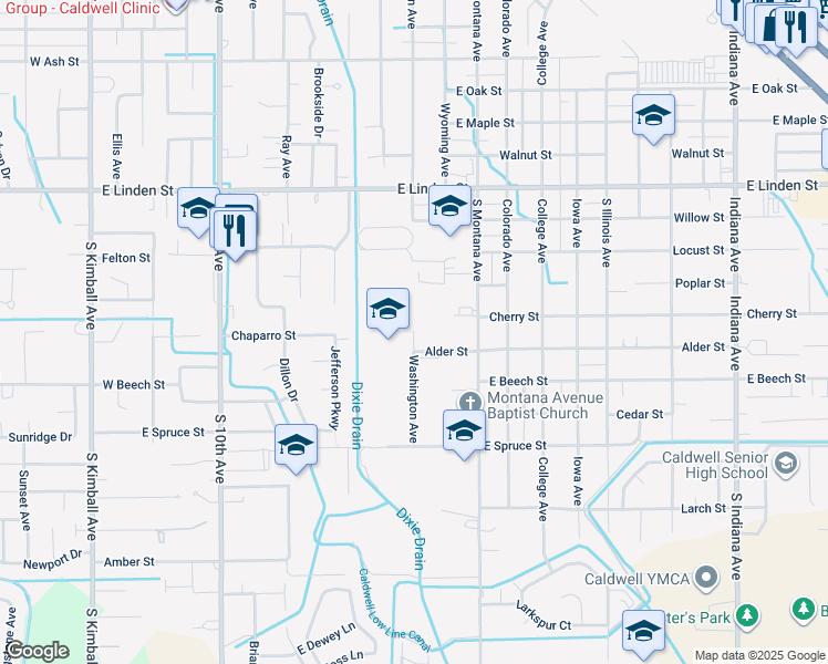 map of restaurants, bars, coffee shops, grocery stores, and more near 3299 Washington Avenue in Caldwell