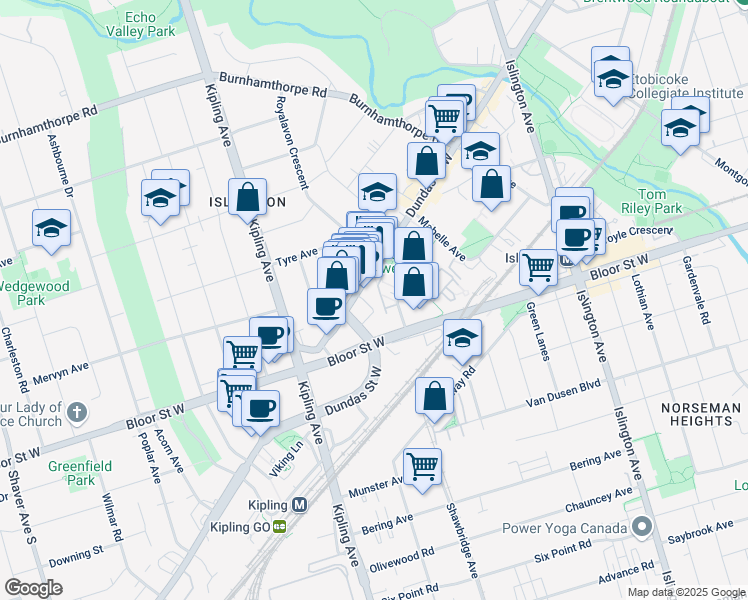 map of restaurants, bars, coffee shops, grocery stores, and more near 15 Summerland Terrace in Toronto