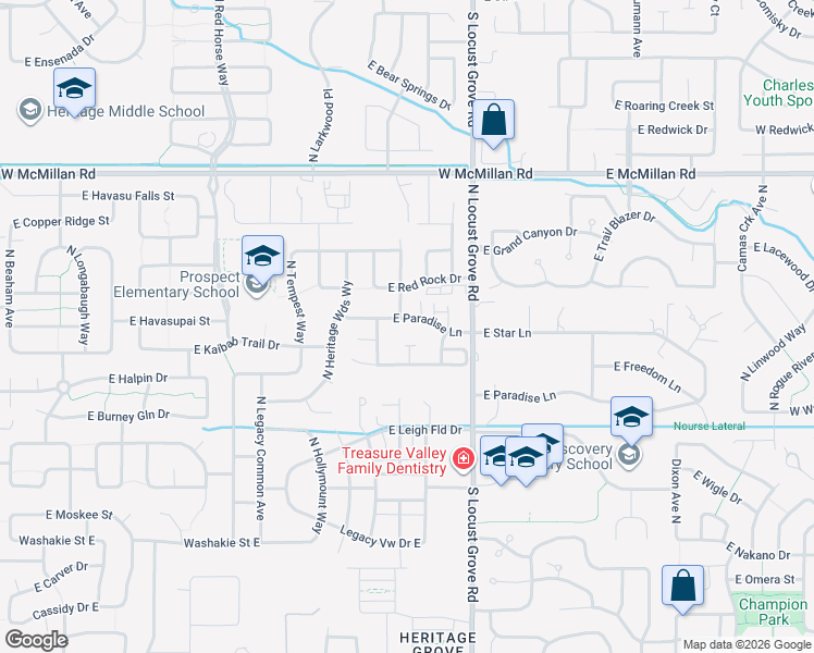 map of restaurants, bars, coffee shops, grocery stores, and more near 1351 East Star Drive in Meridian
