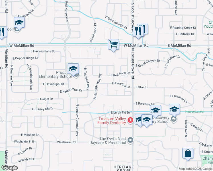 map of restaurants, bars, coffee shops, grocery stores, and more near 1281 East Star Drive in Meridian
