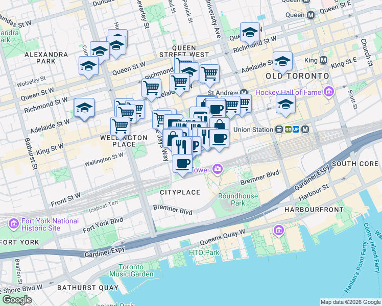 map of restaurants, bars, coffee shops, grocery stores, and more near 300 Front Street West in Toronto