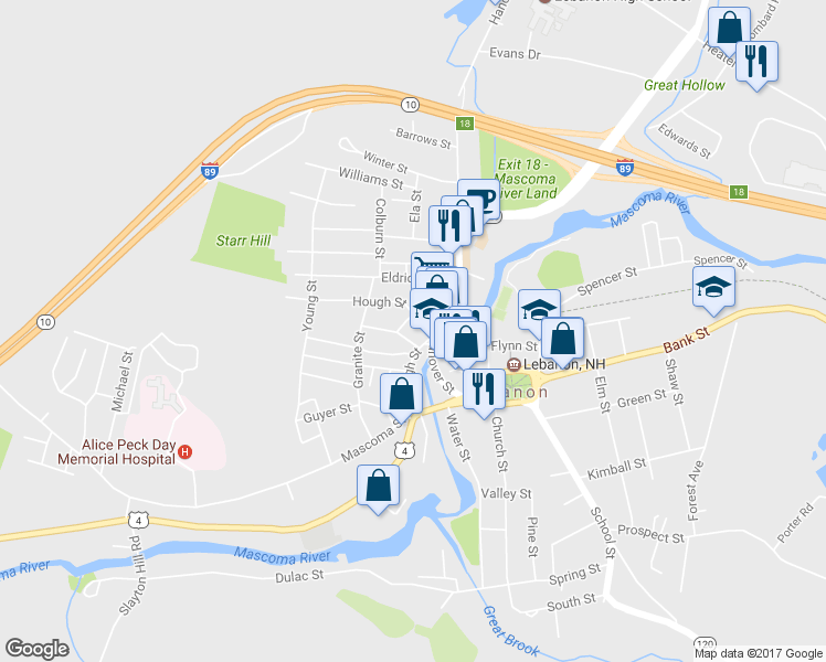 map of restaurants, bars, coffee shops, grocery stores, and more near 2 Hough Street in Lebanon