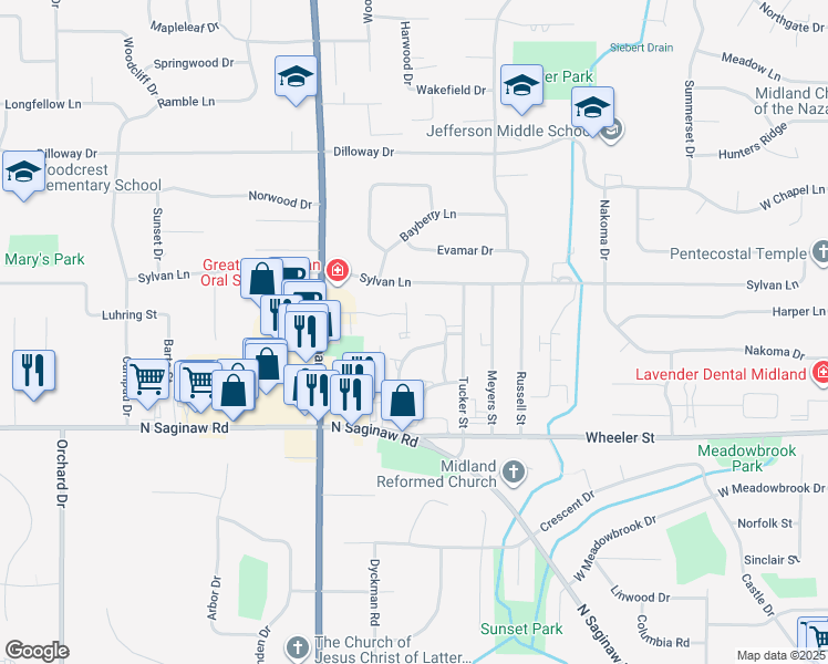 map of restaurants, bars, coffee shops, grocery stores, and more near 1408 Pheasant Ridge Drive in Midland