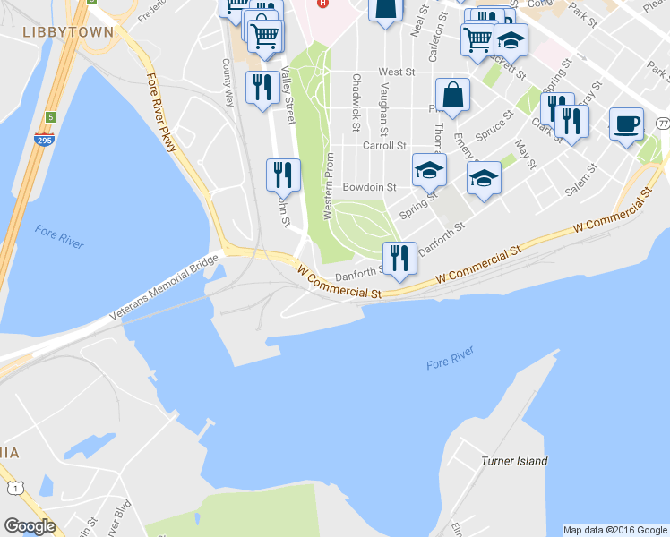 map of restaurants, bars, coffee shops, grocery stores, and more near 467 Danforth Street in Portland