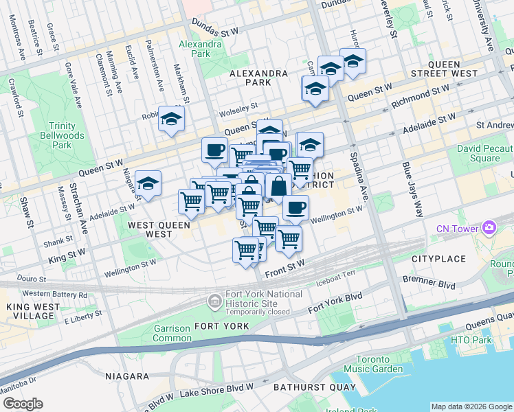 map of restaurants, bars, coffee shops, grocery stores, and more near 629 King Street West in Toronto