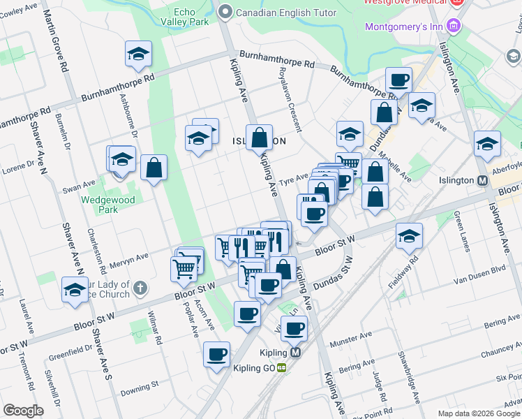 map of restaurants, bars, coffee shops, grocery stores, and more near 25 Prennan Avenue in Toronto