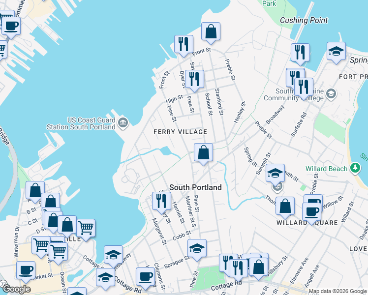 map of restaurants, bars, coffee shops, grocery stores, and more near 115 Pine Street in South Portland