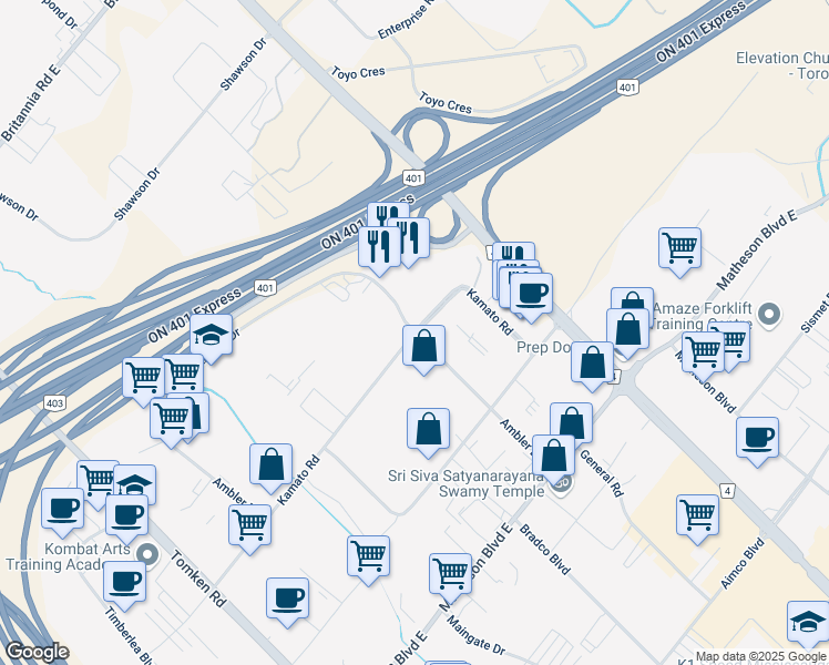 map of restaurants, bars, coffee shops, grocery stores, and more near Ambler Drive in Mississauga