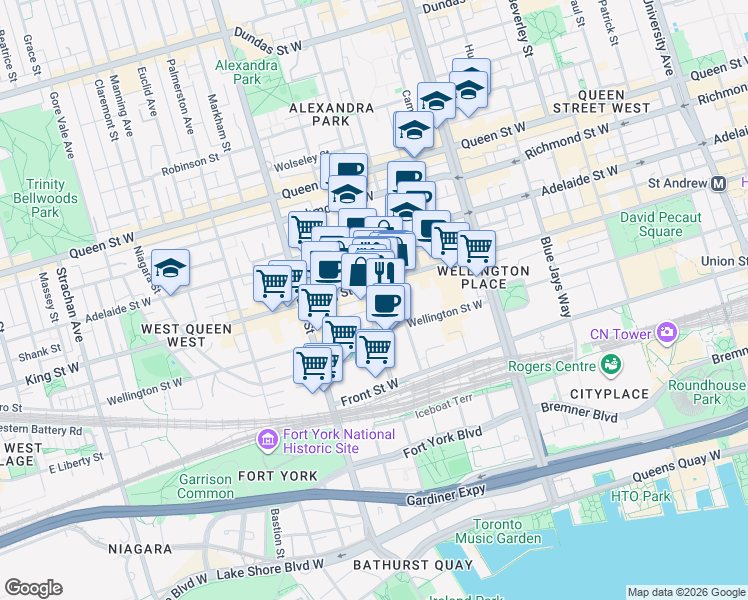 map of restaurants, bars, coffee shops, grocery stores, and more near 77 Portland Street in Toronto