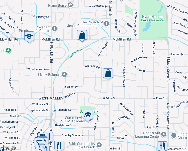 map of restaurants, bars, coffee shops, grocery stores, and more near 10010 West Meadowlark Street in Boise