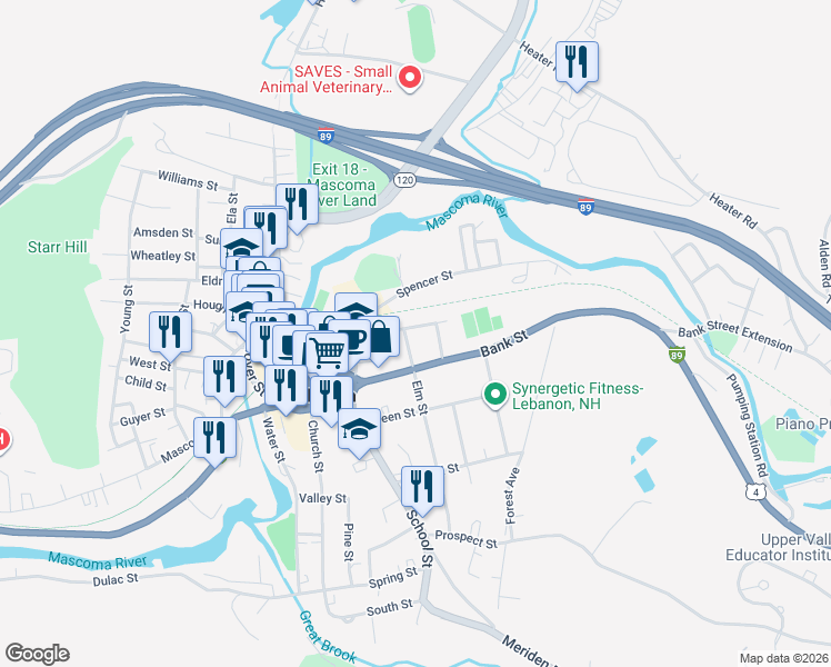 map of restaurants, bars, coffee shops, grocery stores, and more near 6 Allen Street in Lebanon