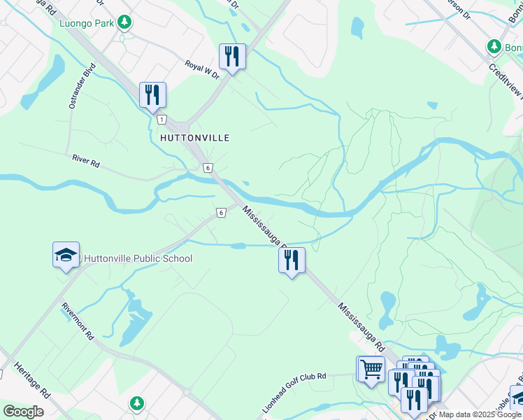 map of restaurants, bars, coffee shops, grocery stores, and more near 8827 Mississauga Road in Brampton