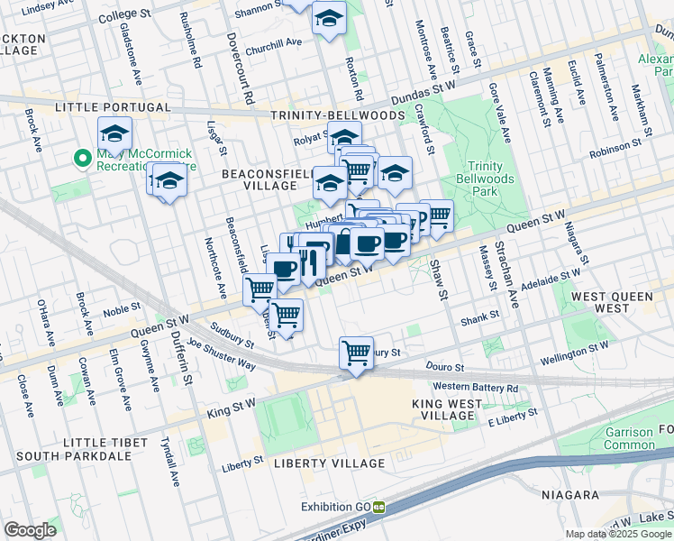 map of restaurants, bars, coffee shops, grocery stores, and more near 1052 Queen Street West in Toronto