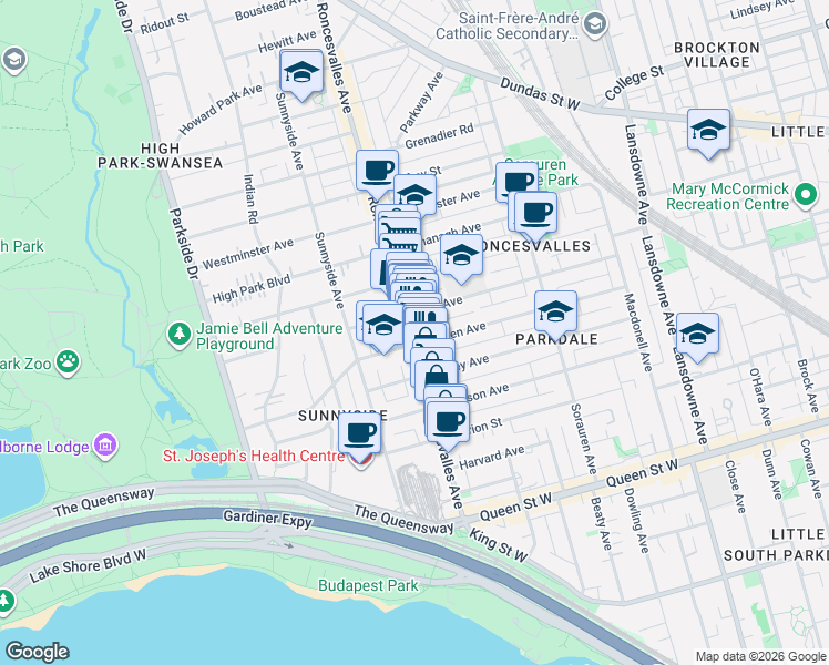map of restaurants, bars, coffee shops, grocery stores, and more near 157 Roncesvalles Avenue in Toronto