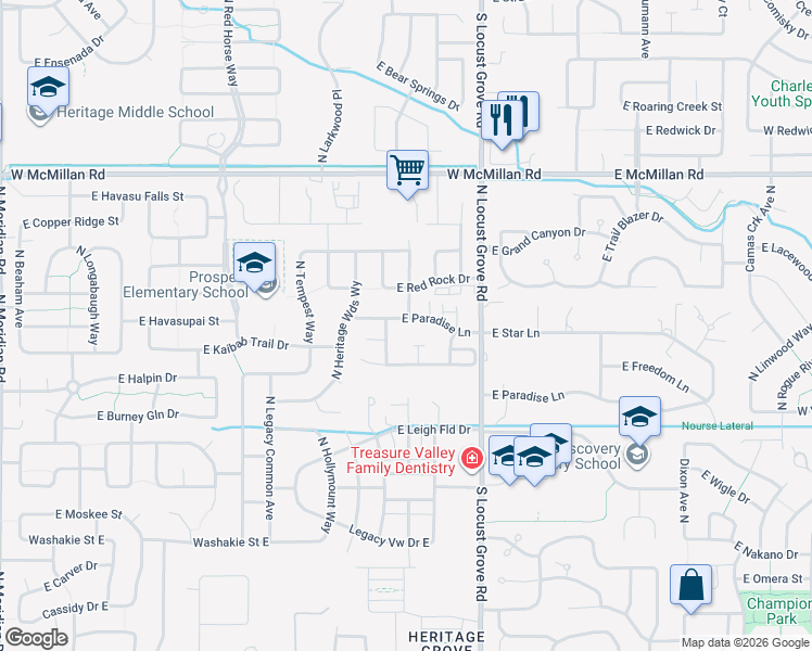 map of restaurants, bars, coffee shops, grocery stores, and more near 1351 East Star Drive in Meridian