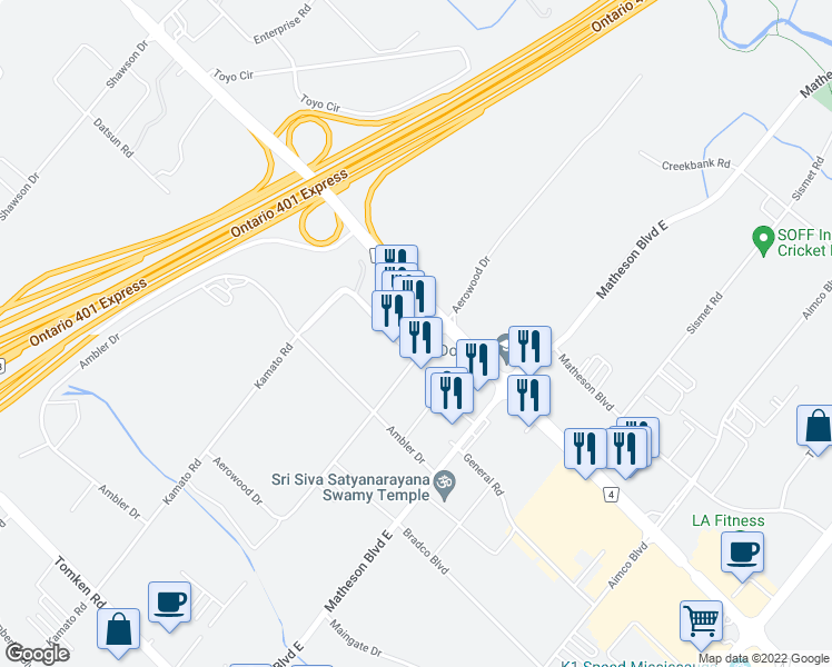 map of restaurants, bars, coffee shops, grocery stores, and more near 1465 Aerowood Drive in Mississauga