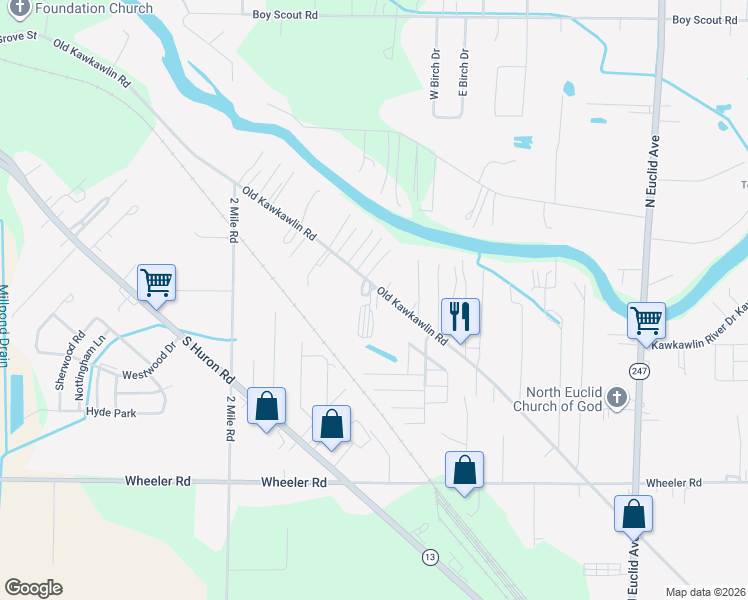 map of restaurants, bars, coffee shops, grocery stores, and more near 3318 Old Kawkawlin Road in Bay City