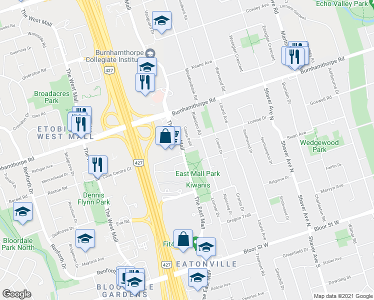 map of restaurants, bars, coffee shops, grocery stores, and more near 1 Cantle Path in Toronto