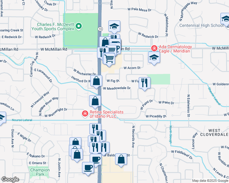 map of restaurants, bars, coffee shops, grocery stores, and more near 4323 North Lusitano Avenue in Boise