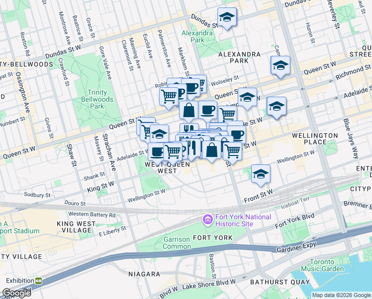 map of restaurants, bars, coffee shops, grocery stores, and more near 4 Whitaker Avenue in Toronto