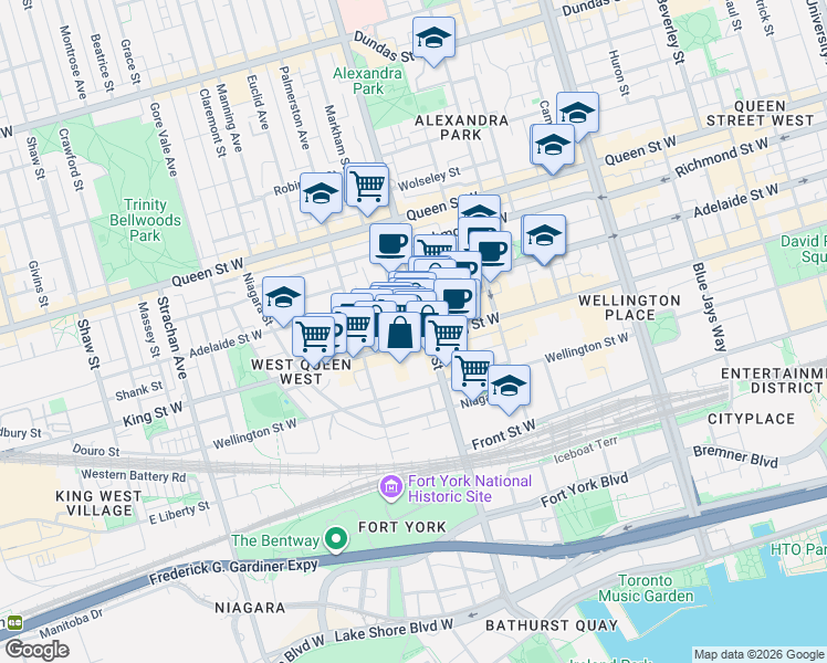map of restaurants, bars, coffee shops, grocery stores, and more near 700 King Street West in Toronto