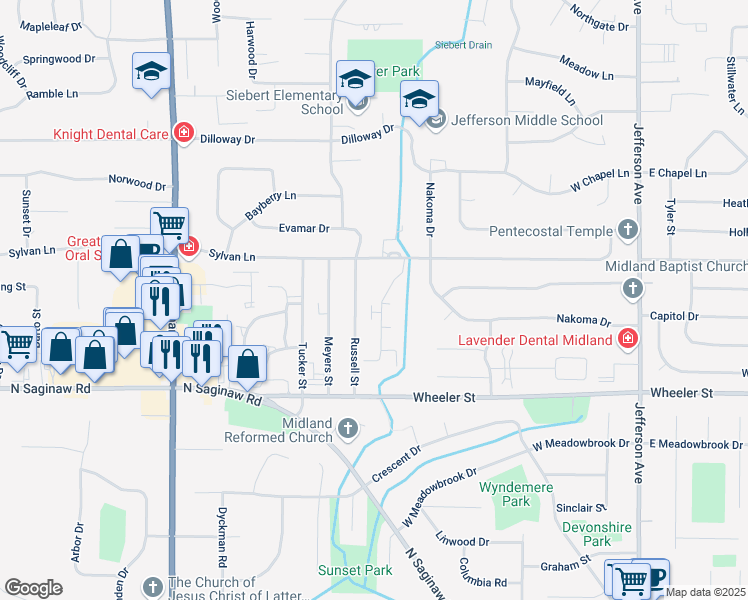 map of restaurants, bars, coffee shops, grocery stores, and more near 5007 Whisper Ridge in Midland
