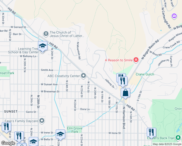 map of restaurants, bars, coffee shops, grocery stores, and more near 2613 Lancaster Drive in Boise