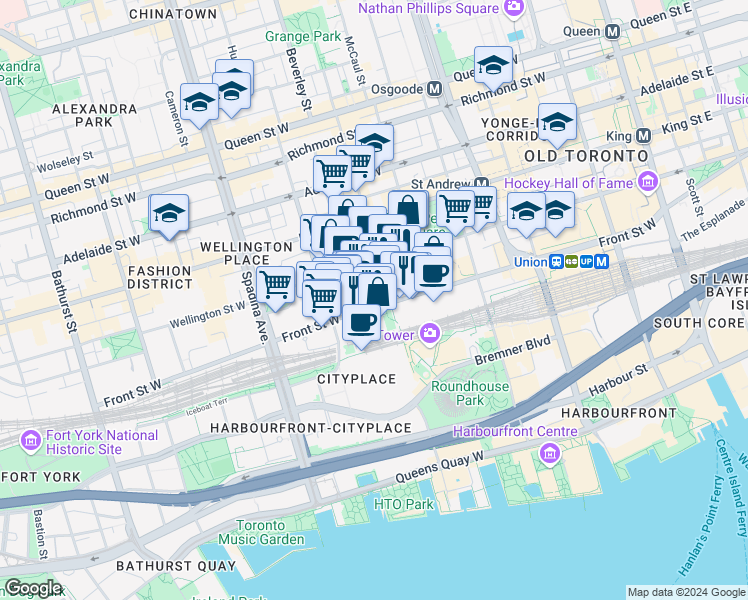 map of restaurants, bars, coffee shops, grocery stores, and more near in Toronto