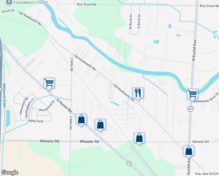 map of restaurants, bars, coffee shops, grocery stores, and more near 3318 Old Kawkawlin Road in Bay City