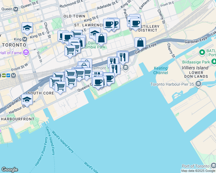 map of restaurants, bars, coffee shops, grocery stores, and more near 51 Dockside Drive in Toronto