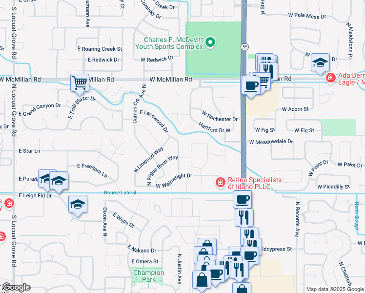 map of restaurants, bars, coffee shops, grocery stores, and more near 4352 North Rosepoint Avenue in Meridian