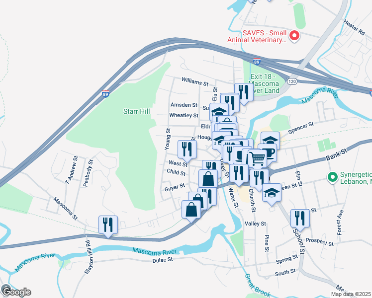 map of restaurants, bars, coffee shops, grocery stores, and more near 26 Fairview Avenue in Lebanon