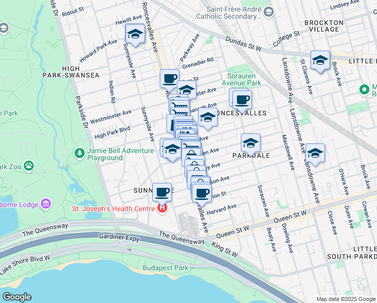 map of restaurants, bars, coffee shops, grocery stores, and more near 181 Roncesvalles Avenue in Toronto