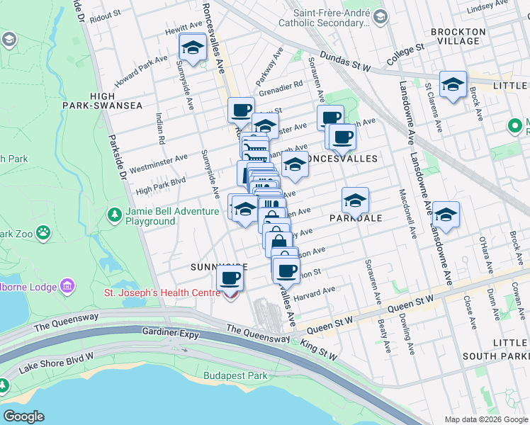 map of restaurants, bars, coffee shops, grocery stores, and more near 159 Roncesvalles Avenue in Toronto