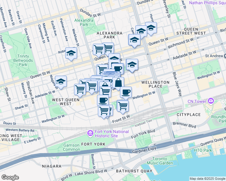 map of restaurants, bars, coffee shops, grocery stores, and more near 615 King Street West in Toronto