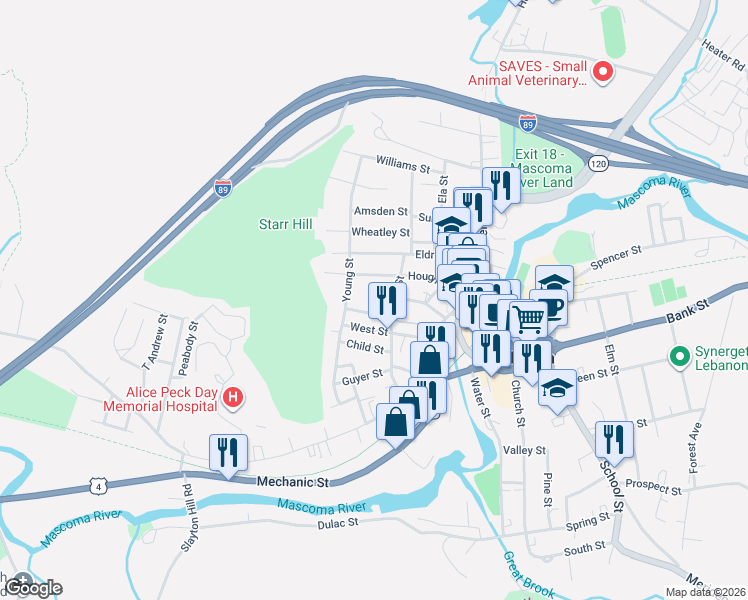 map of restaurants, bars, coffee shops, grocery stores, and more near 26 Fairview Avenue in Lebanon